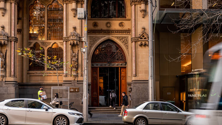 The street view of the arched entrance to the old Melbourne Stock Exchange building.