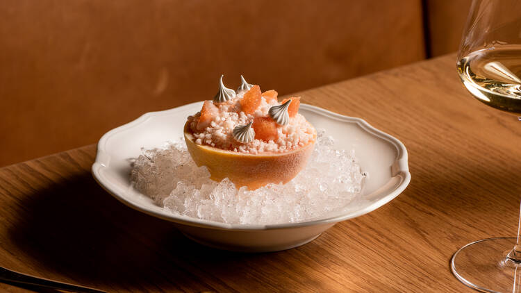 A dessert incorporating ruby grapefruit, bayleaf and elderflower.