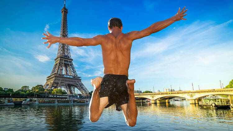 A man diving is superimposed onto an image of the Seine river in Paris