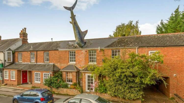 A photograph of a residential street. The house in the middle is a Victorian cottage with a shark sculpture coming out of the top of the roof.