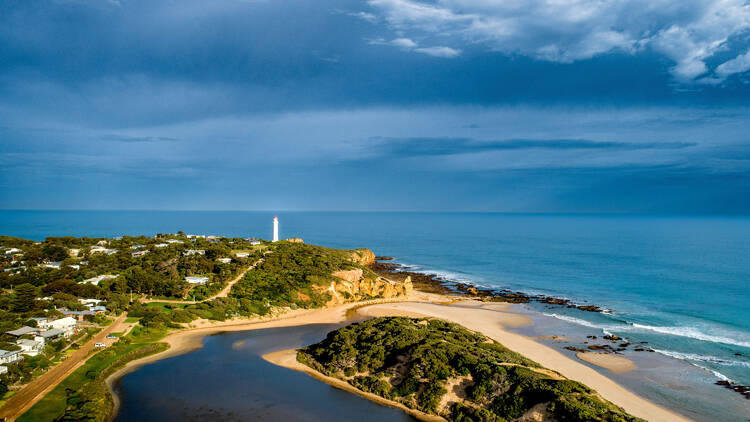 An aerial shot of Aireys Inlet.