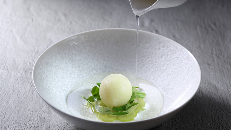 Whisk's Summer Oasis Japanese grape sherbet and sake gel dessert