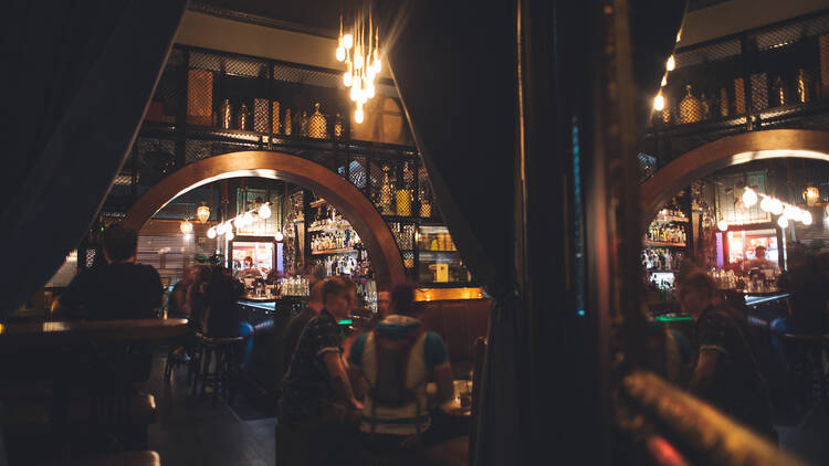 A dimly lit interior view of Black Pearl bar.