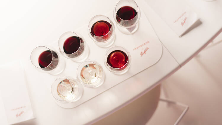 Wine tasting glasses set on a white table.
