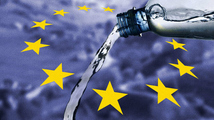 Water is poured from a bottle against the European Union flag