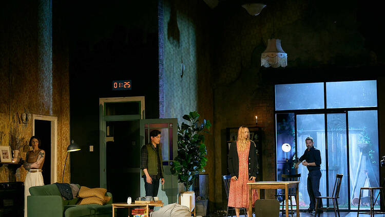 The cast of '2:22 – A Ghost Story' on stage.