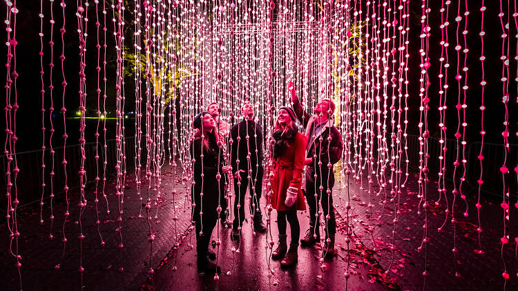 Four people surrounded by Lightscape’s hanging lights