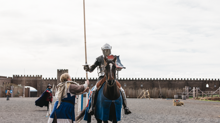 A knight in armour riding on a horse with a jousting stick. 