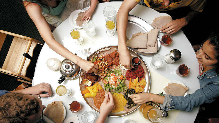 A group of people dining