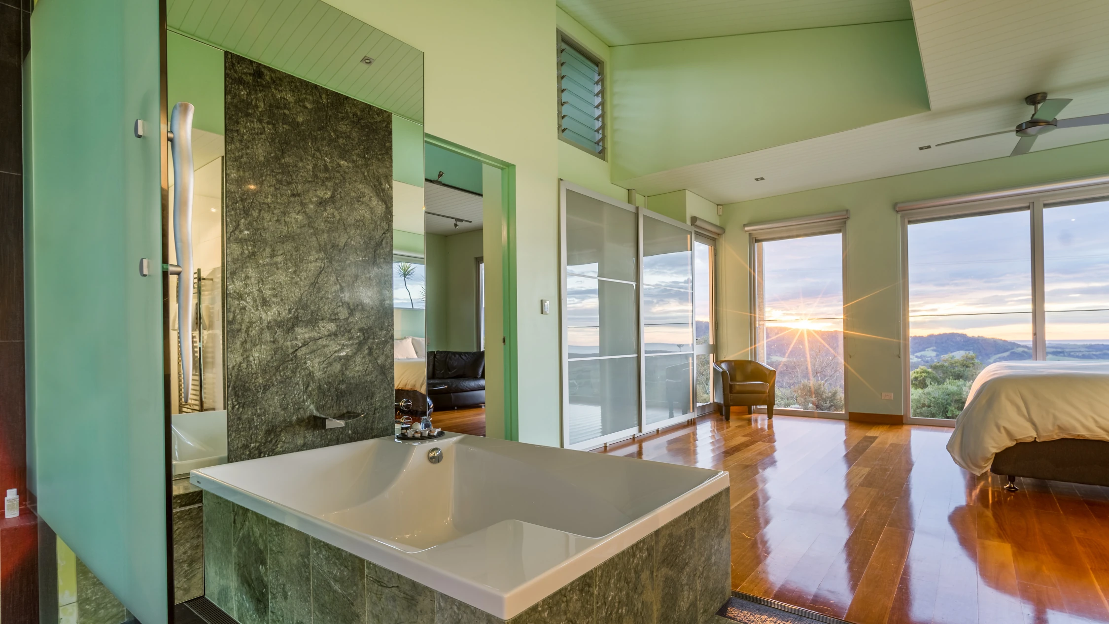 Interior of hotel room at sunrise 