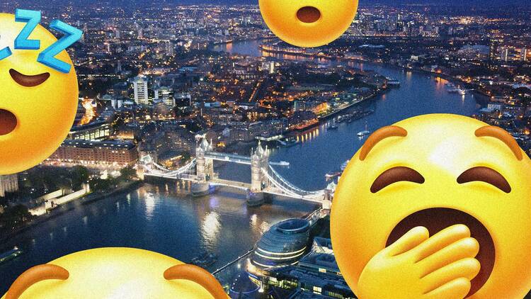 London skyline, sleepy emojis