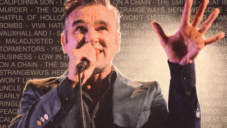 graphic of morrissey holding microphone signing