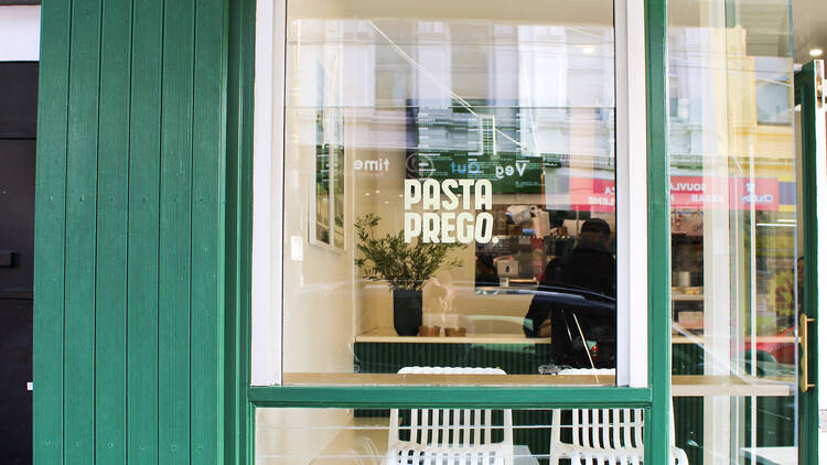 The green shopfront of Pasta Prego.