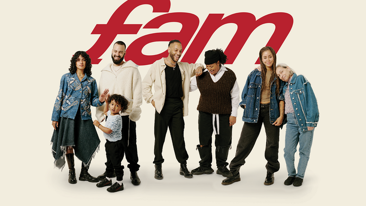 A diverse group of people stand together with the word 'Fam' above them. 