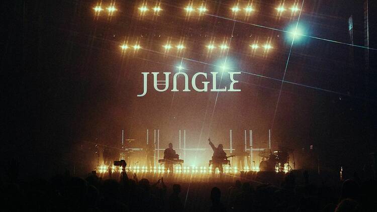 picture of two silouetted men from the band jungle performing at a concert