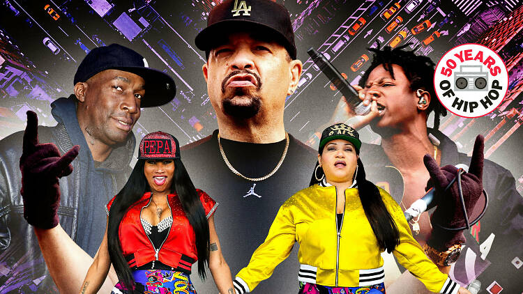 50 years of hip-hop featured image with ice-t, grandmaster flash, joey bada$$ and salt-n-pepa