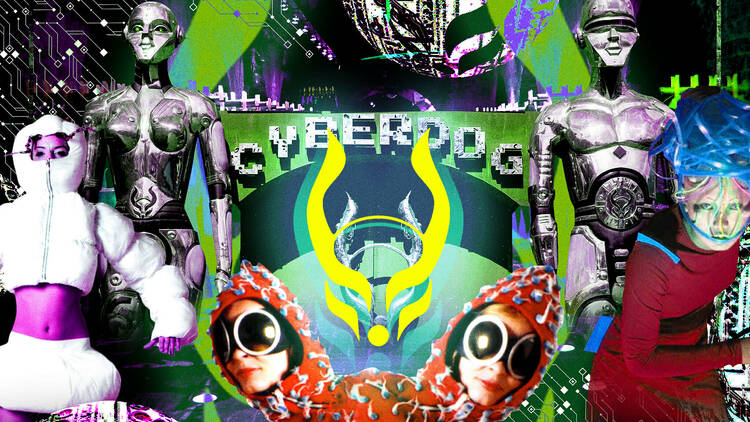 A collage of cyberdog dancers 