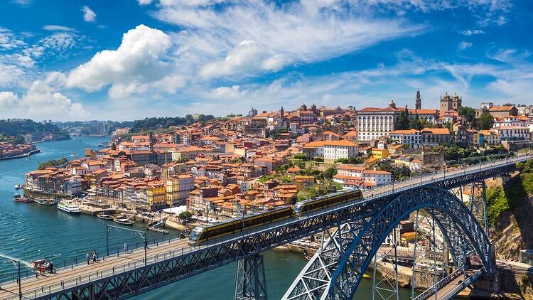 Panoramic Aerial View of Dom Luis Bridge in Porto, Portugal