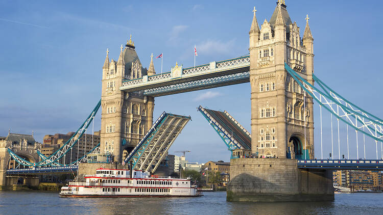 Tower Bridge, London, with its road lifted up