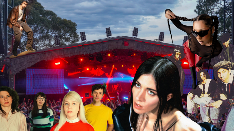 a graphic of a compilation of artists like caroline polacheck and alvvays to the background of meredith festival