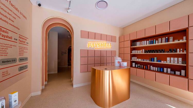 A peach-coloured skincare clinic with a sign that says: FAYSHELL