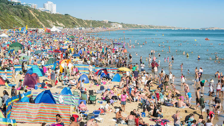 Bournemouth beach, busy with visitors and tourists