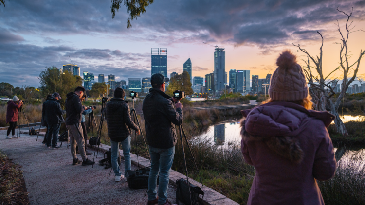 An outdoor photography workshop at dusk