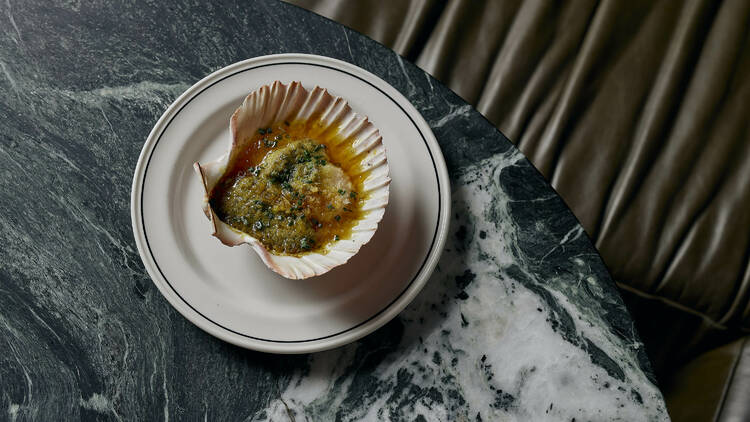 Dressed scallop in its shell on a marble table.