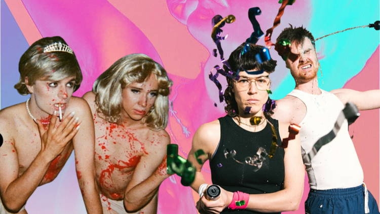 collage picture of two naked men, one woman with a confetti gun and a man spraying water onto himself