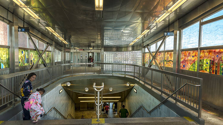 Staircase to the Far Rockaway/Mott Av subway station