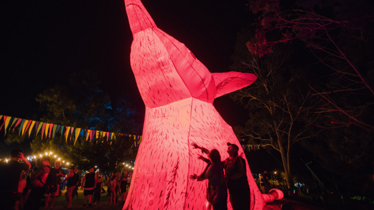 A neon dog art installation