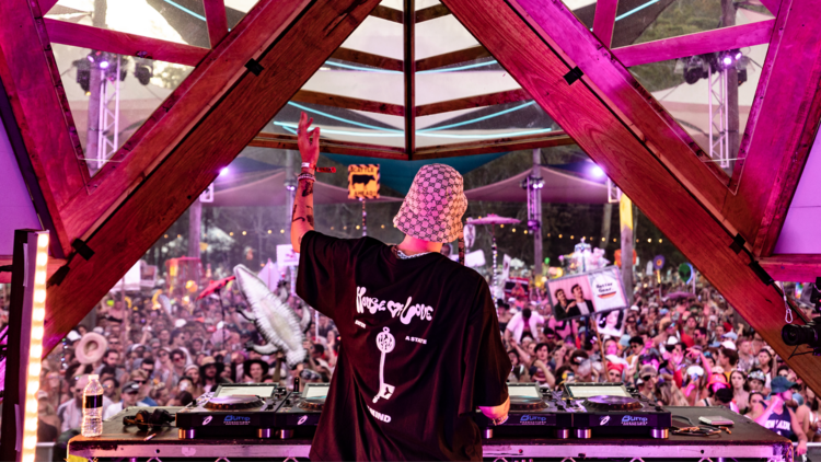 A DJ performing to a large festival crowd
