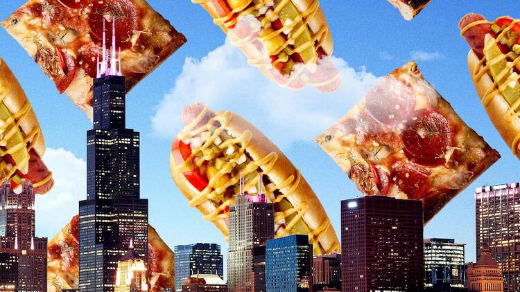 Chicago skyline with pizza slices and hot dogs
