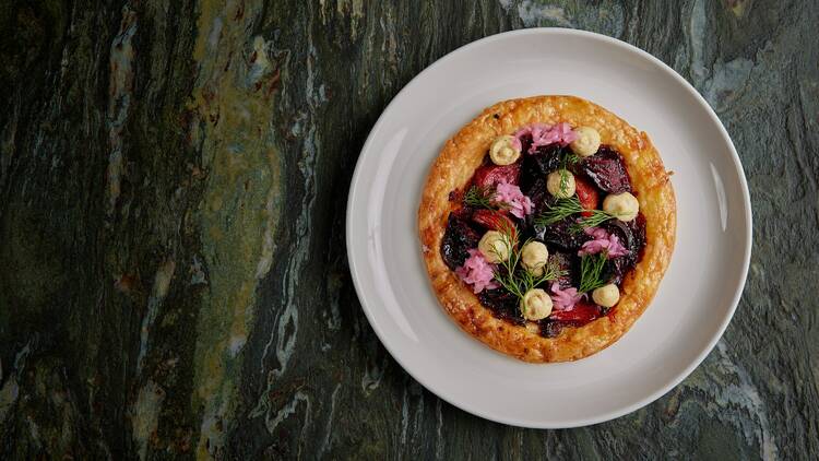 Beetroot and caramelised onion tart.