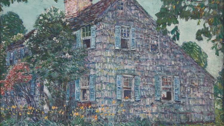 A painting of a house in the Hamptons.