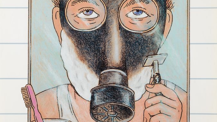 A poster showing an image of a man wearing a gas mask.