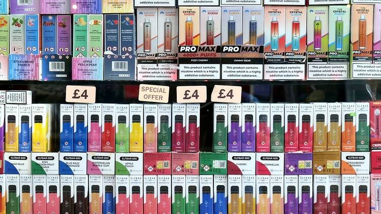 Disposable vapes in a shop window