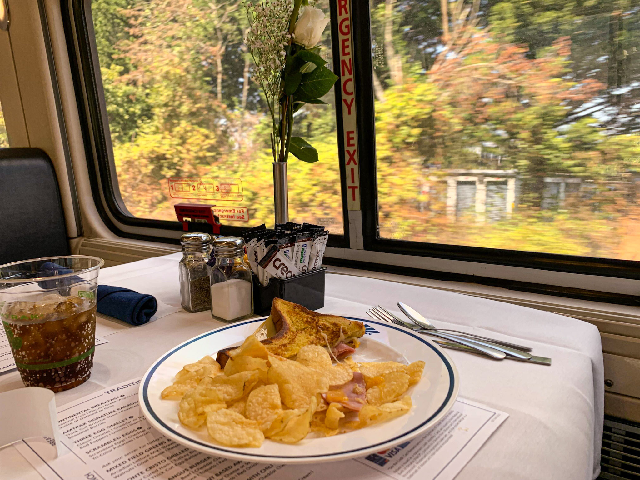 Lunch aboard the Amtrak sleeper train with a view of fall leaves