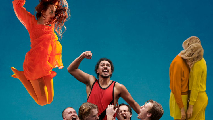collaged picture of a woman jumping in orange, an AFL football team and two blonde people hugging