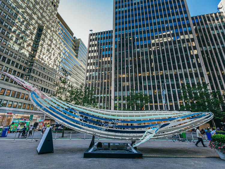 A giant whale made of steel is now on display in midtown Manhattan