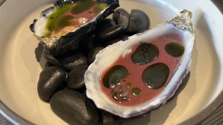 Oysters with pomegranate dressing.