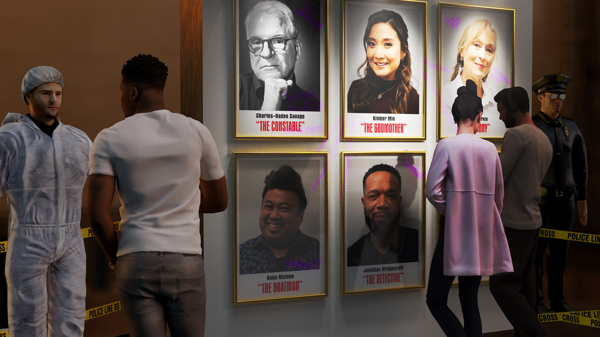 A wall showing portraits of people in the cast.