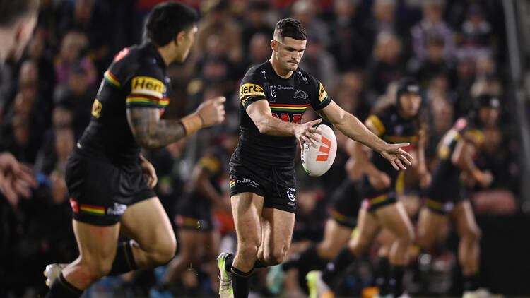 Nathan Cleary of the Penrith Panthers rugby league team kicking the ball
