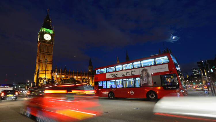 A London bus at night 