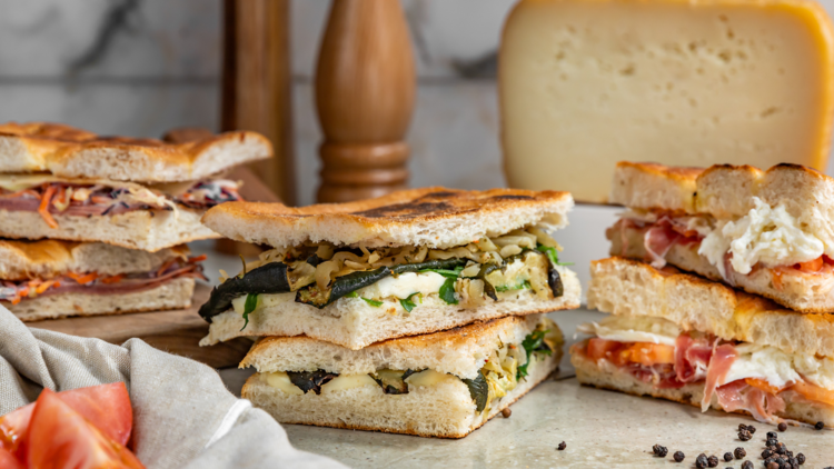 A row of focaccia sandwiches