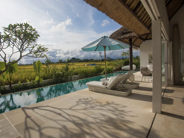A stylish villa with views of Bali’s rice fields