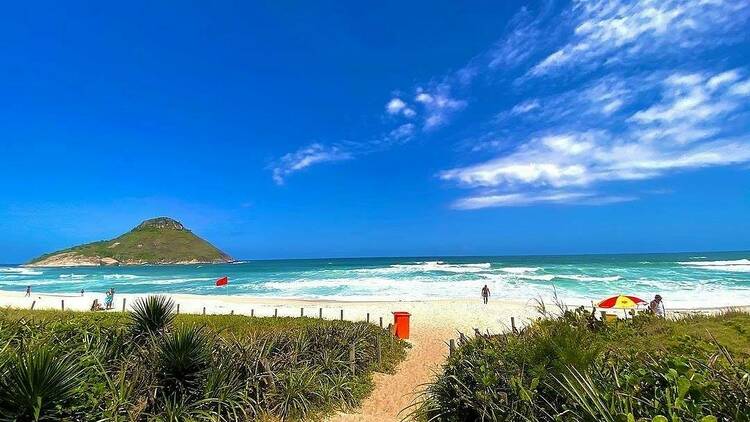 Entrada de areia no meio da vegetação rasteira com o mar azul ao fundo