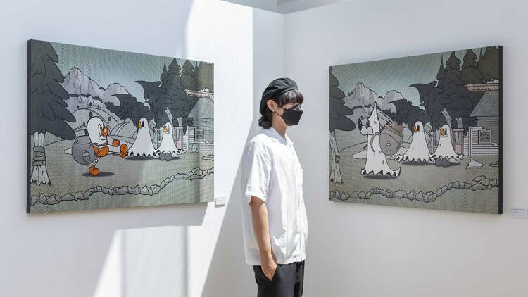 Artist Koichi Yairi at his 'Three Hunters & the Golden Rock' exhibition