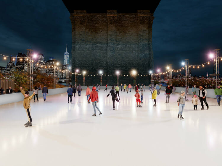 Ice skate beneath the Brooklyn Bridge