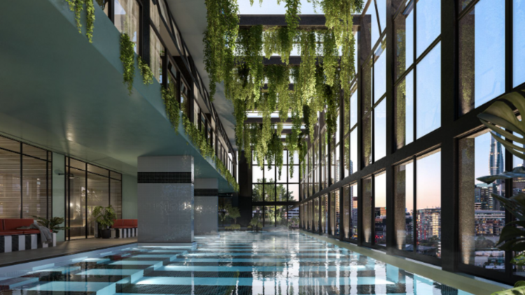 Rendering of a hotel pool with a city view and greenery overhead
